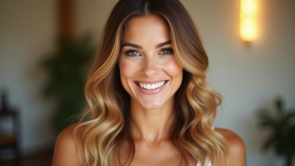 Woman smiling with stunning, professionally styled hair.