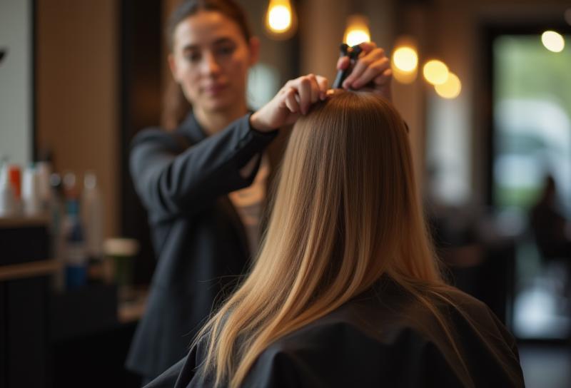 Stylist expertly working on a client's hair in the salon.